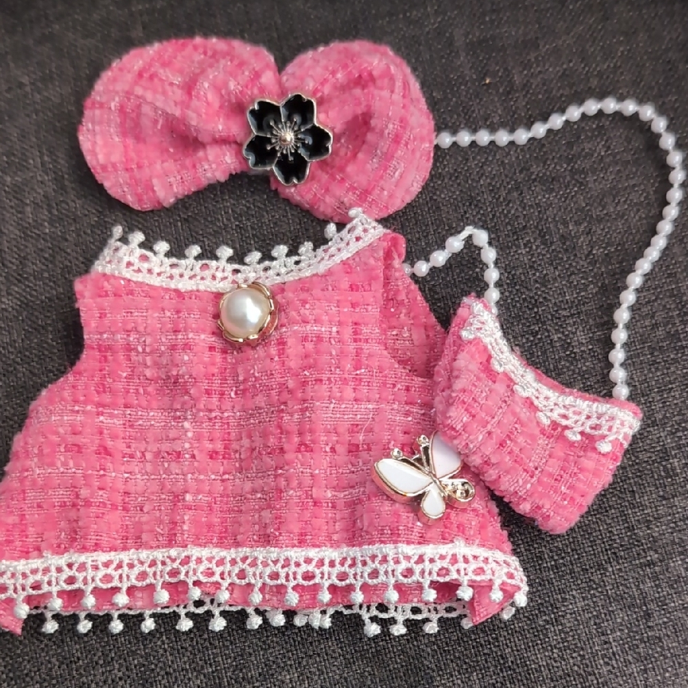 Pink Tweed Doll Dress Set with Accessories